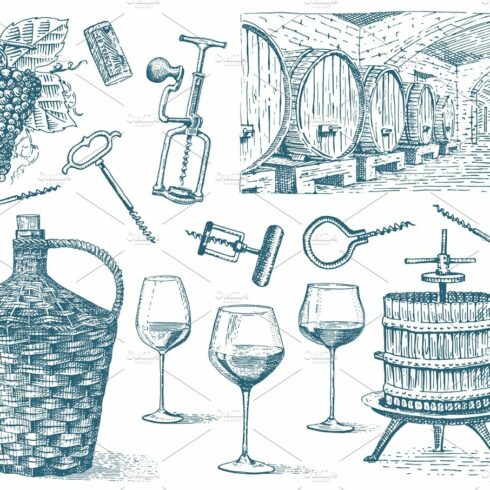 wine harvest products, press, grapes, vineyards corkscrews glasses bottles ... cover image.