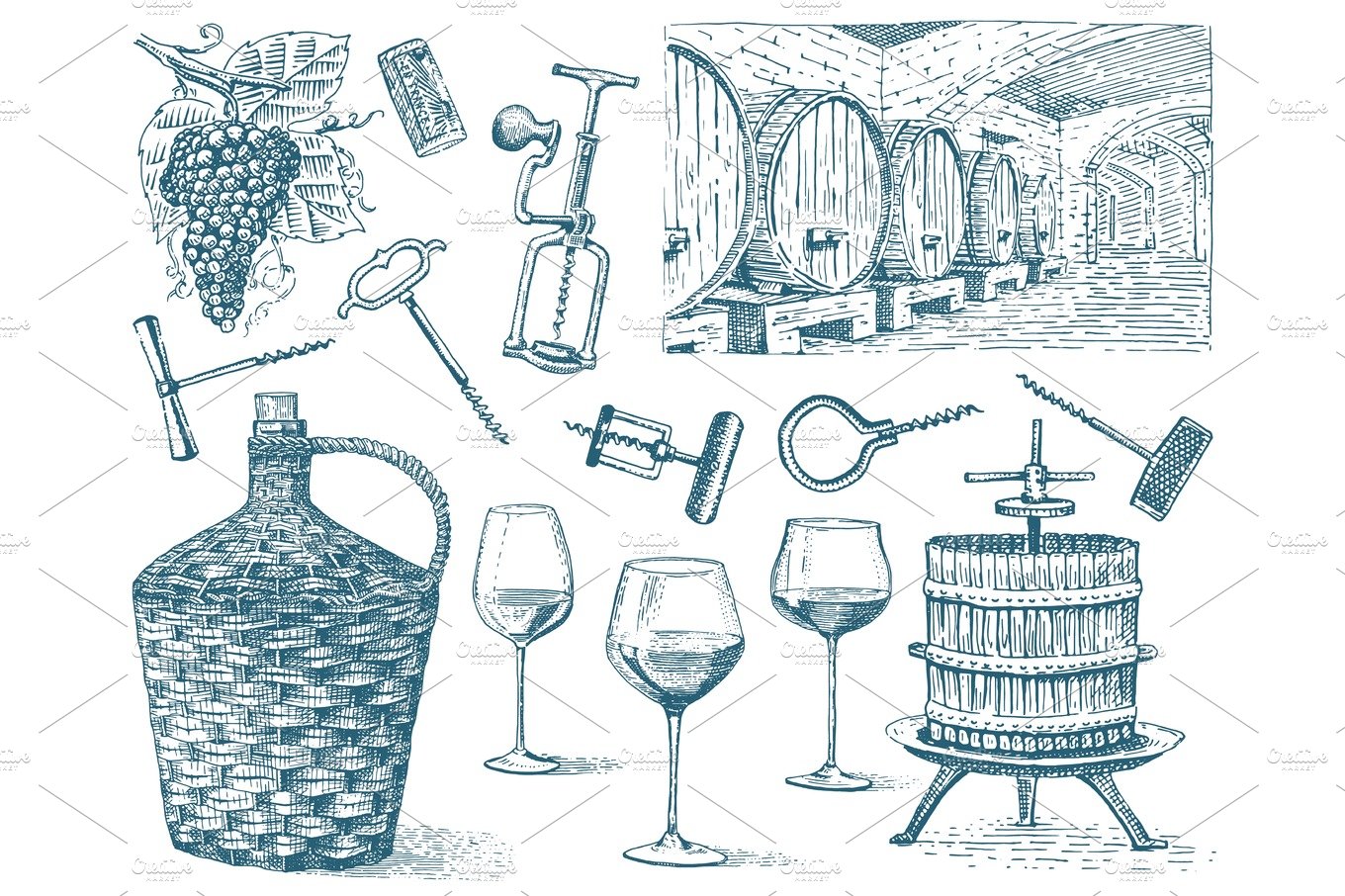 wine harvest products, press, grapes, vineyards corkscrews glasses bottles ... cover image.
