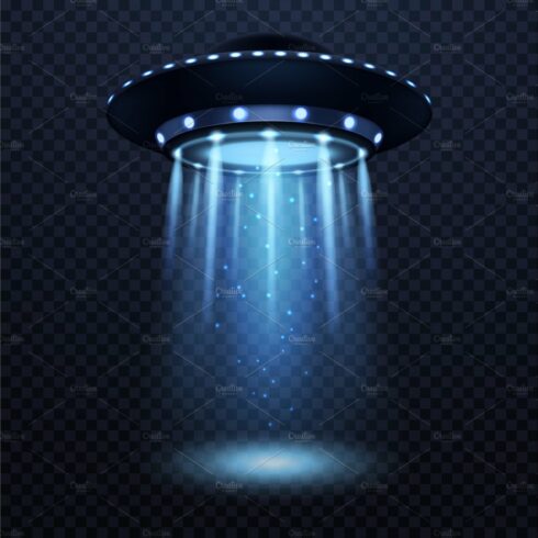 UFO. Realistic alien spaceship with cover image.