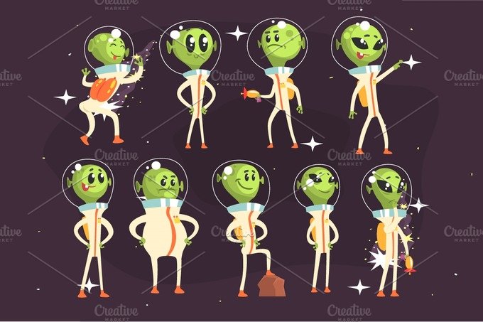 Cute Aliens In Space Suits, Spaceship Crew Of Little Green Men Funny Cartoo... cover image.
