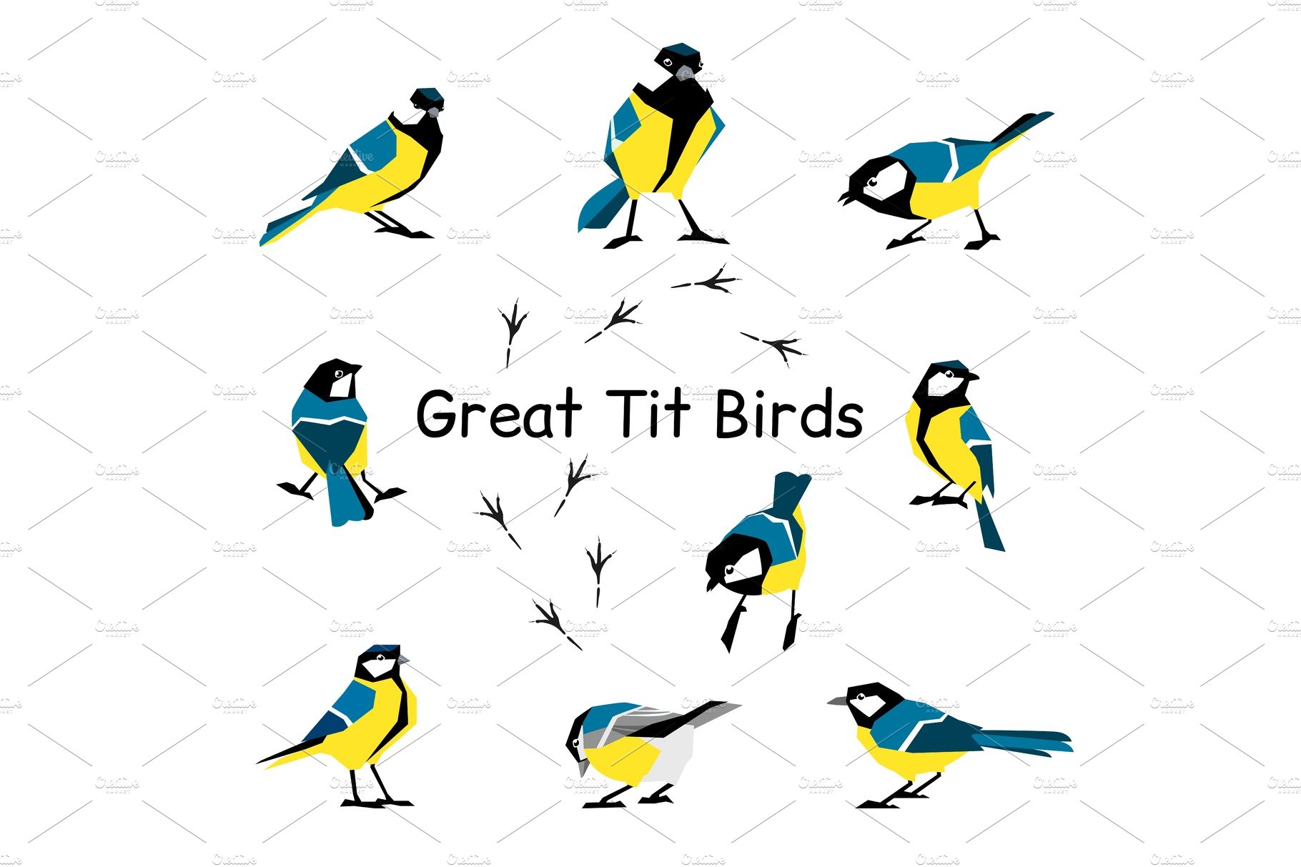 Great tit. Feathered in a flat style isolated on a white background. cover image.