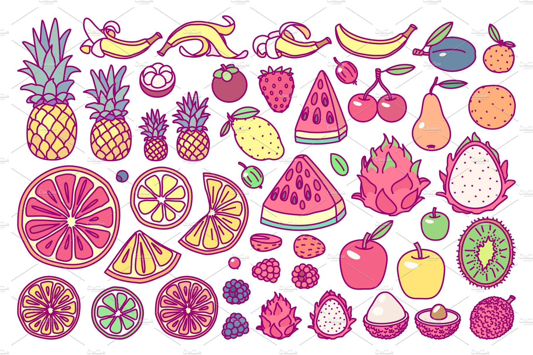 vector cute drawn fruits set cover image.