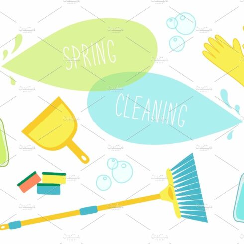 Cute vivid spring cleaning background with hand written text cover image.
