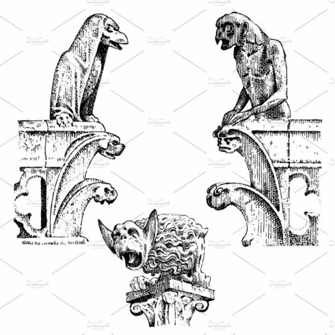 set of Gargoyles Chimera of Notre-Dame de Paris, engraved, hand drawn vecto... cover image.