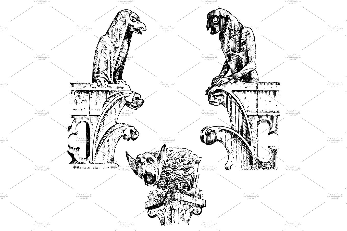 set of Gargoyles Chimera of Notre-Dame de Paris, engraved, hand drawn vecto... cover image.