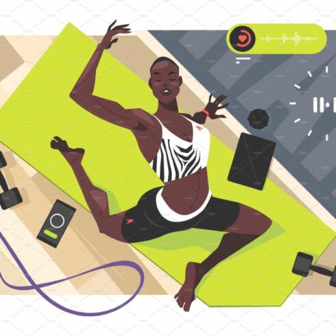 Black woman character do yoga on mat cover image.