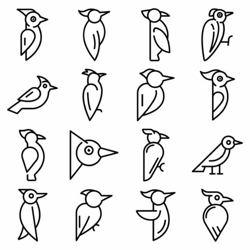 Woodpecker icons set, outline style cover image.