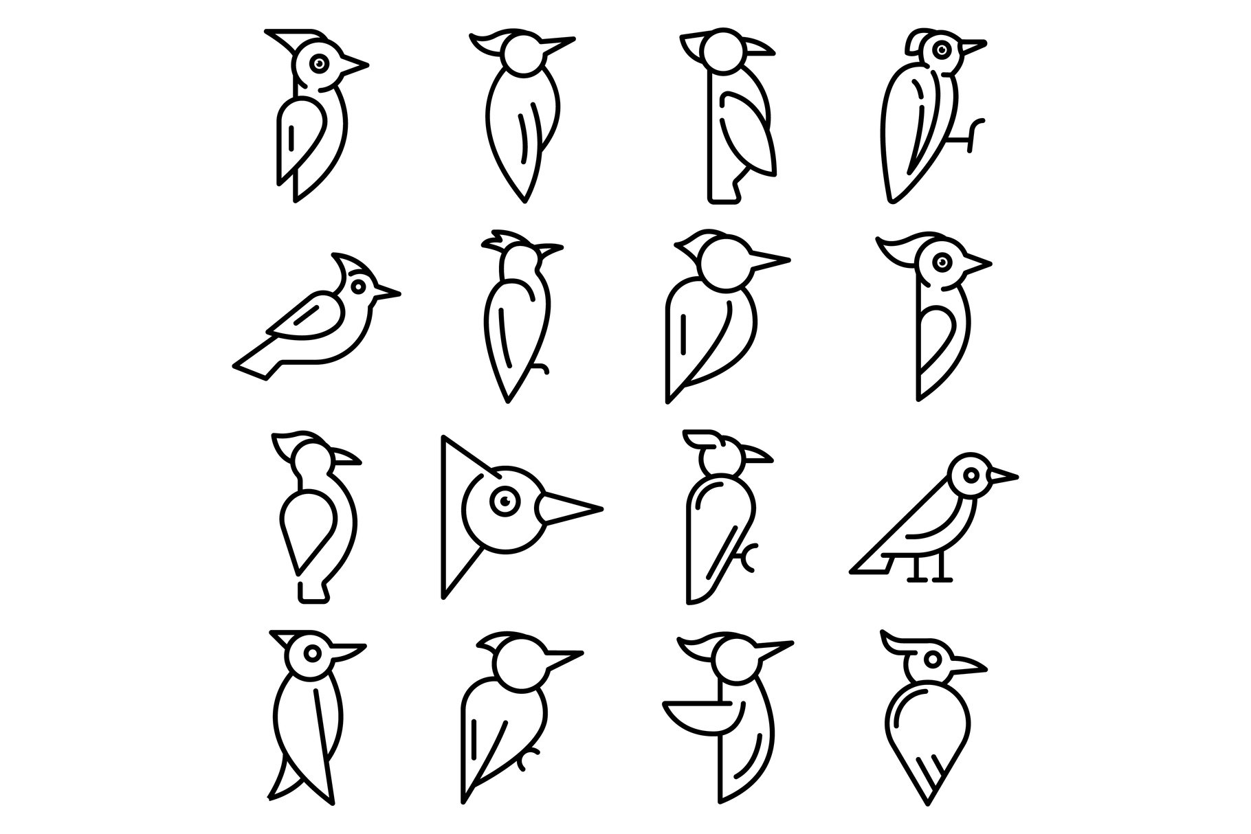 Woodpecker icons set, outline style cover image.