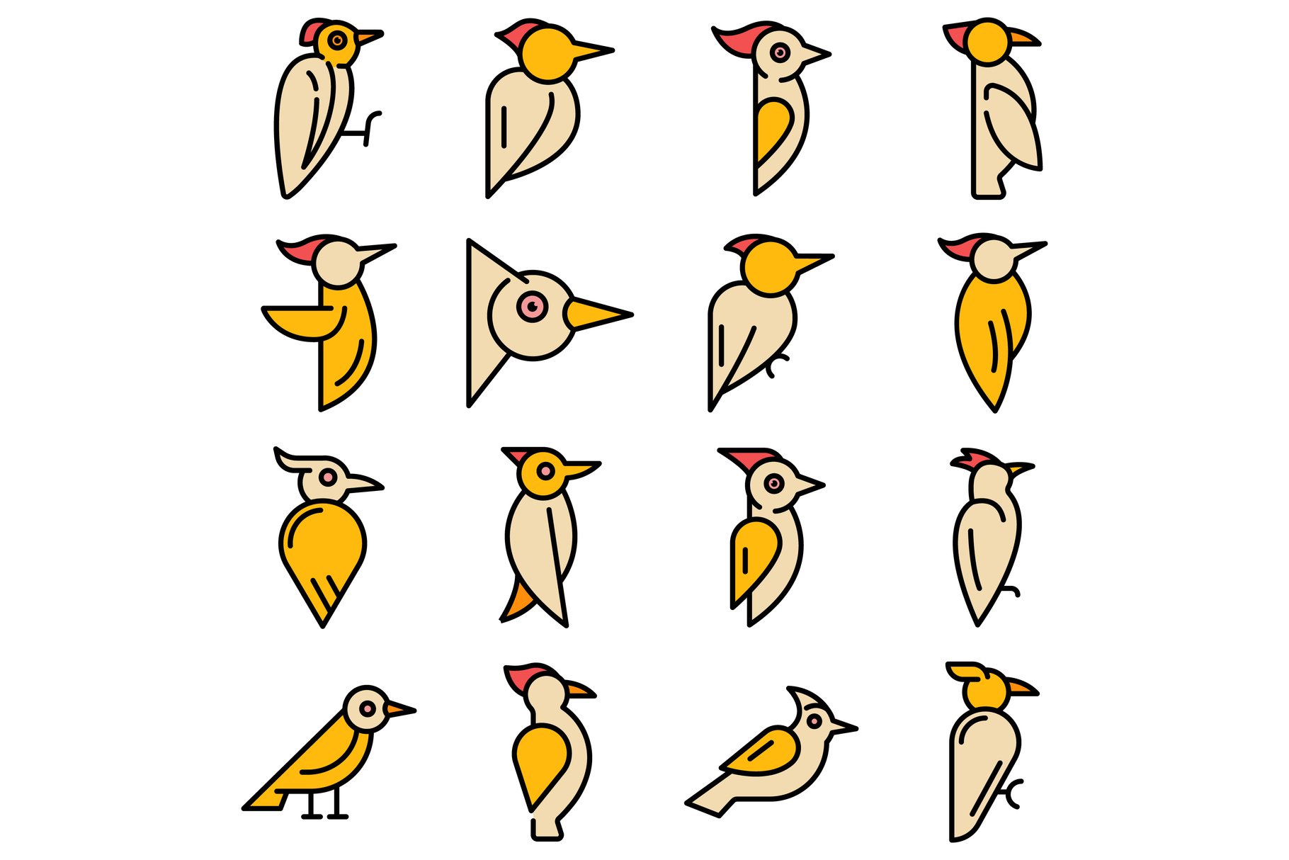 Woodpecker icons set vector flat cover image.