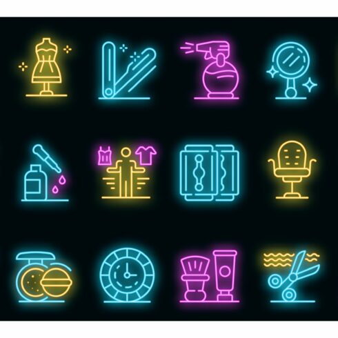 Stylist icons set vector neon cover image.