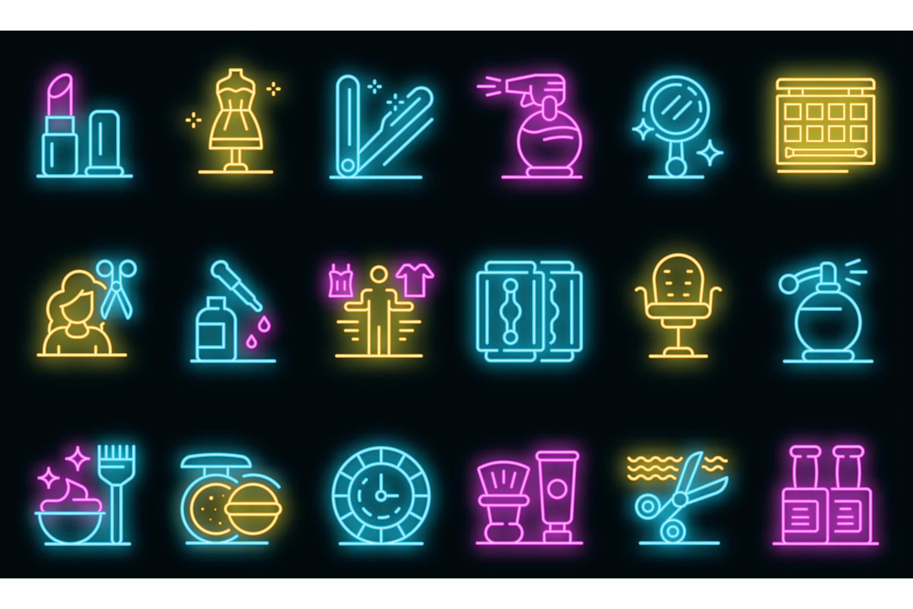 Stylist icons set vector neon cover image.