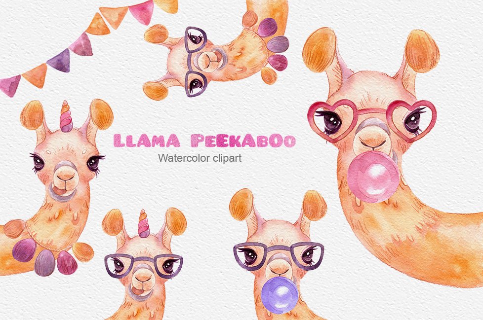 Llama peekaboo - watercolor clipart cover image.