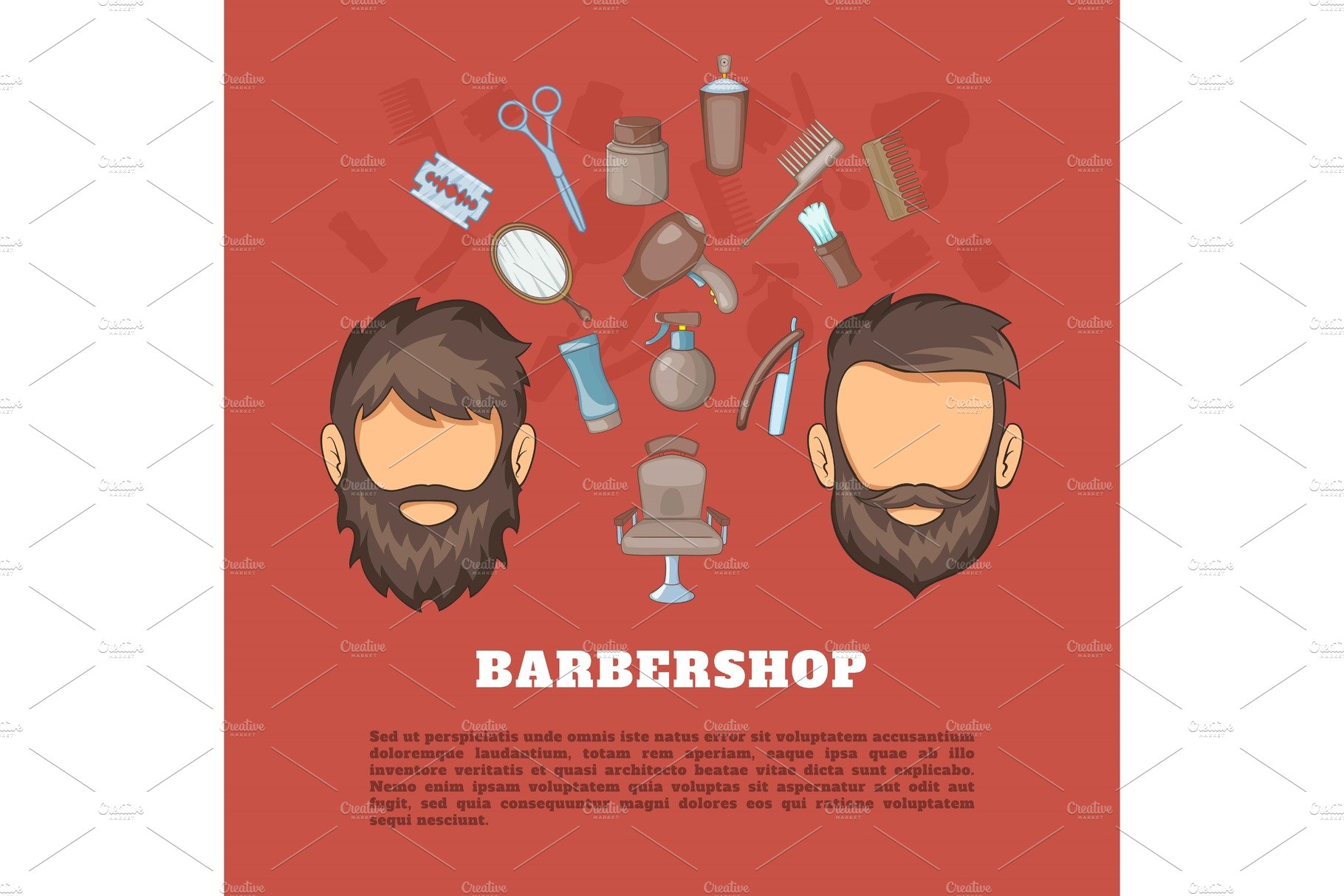 Barbershop tools concept, cartoon cover image.
