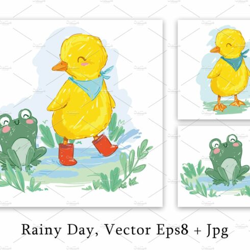 Cute duckling and frog, rainy day cover image.