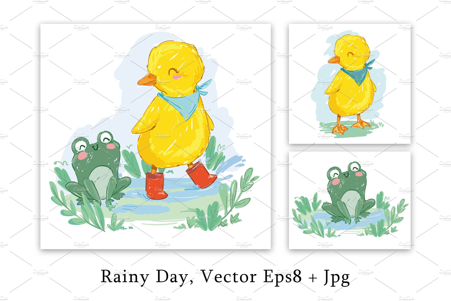 Cute duckling and frog, rainy day cover image.