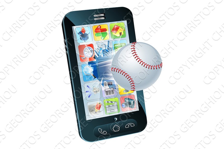 Baseball ball flying out of mobile phone cover image.