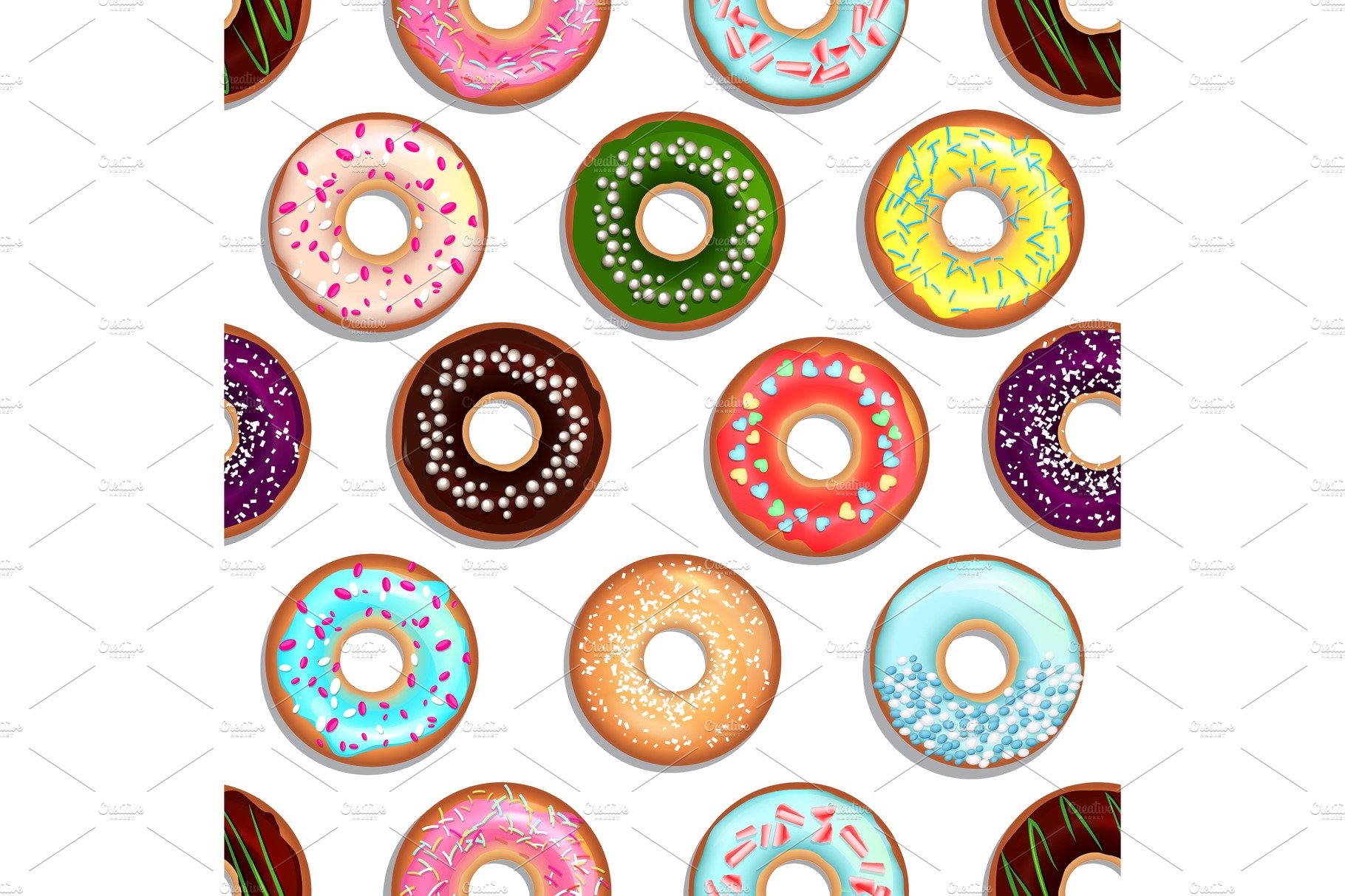 Vector seamless pattern with tasty foods. Desserts with glaze donuts and cakes cover image.