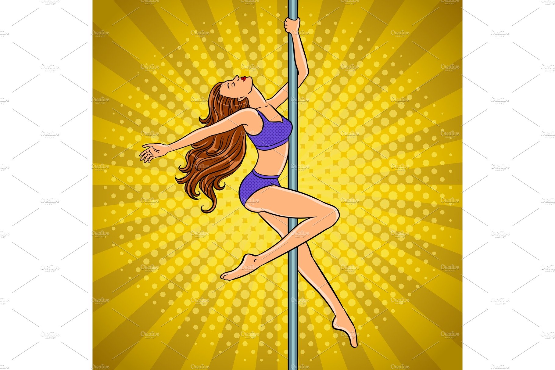 Girl is dancing on the pole pop art vector cover image.