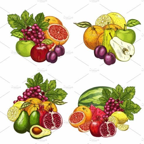 Vector sketch icons of exotic garden fruits bunch cover image.