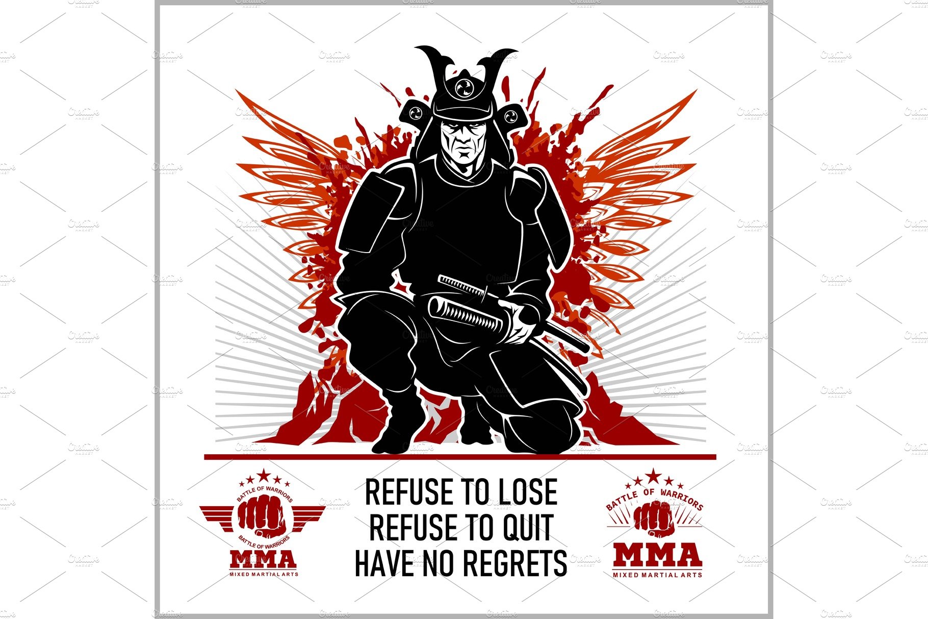 Samurai warrior. MMA emblems. Vector cover image.