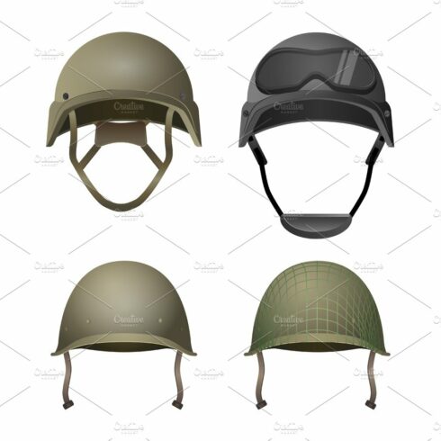 Set of military helmets. Classical, with goggles, combat and projection lines cover image.
