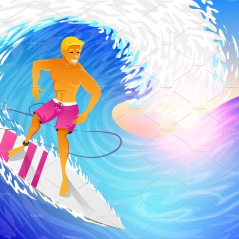Surfer riding on blue ocean wave with surfboard. Muscular man on weekends. ... cover image.