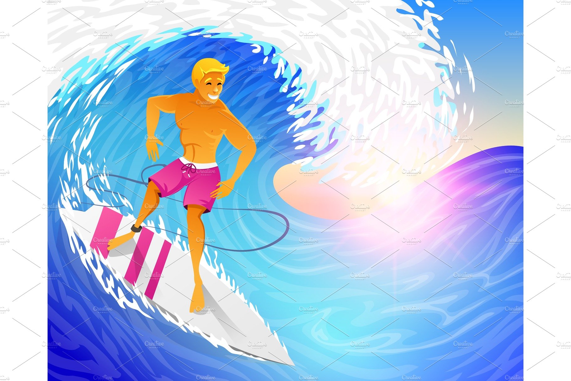 Surfer riding on blue ocean wave with surfboard. Muscular man on weekends. ... cover image.