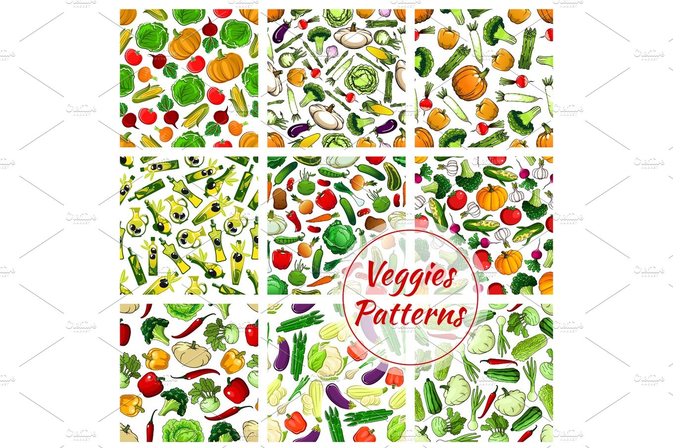 Veggies vegetables seamless patterns set cover image.