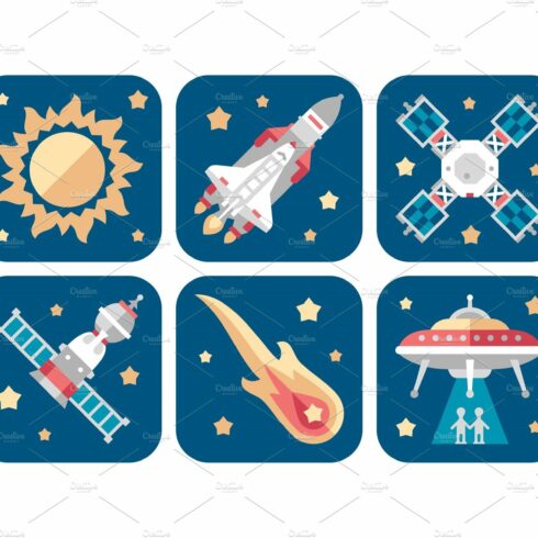 Space icons set, sun, meteorite cover image.