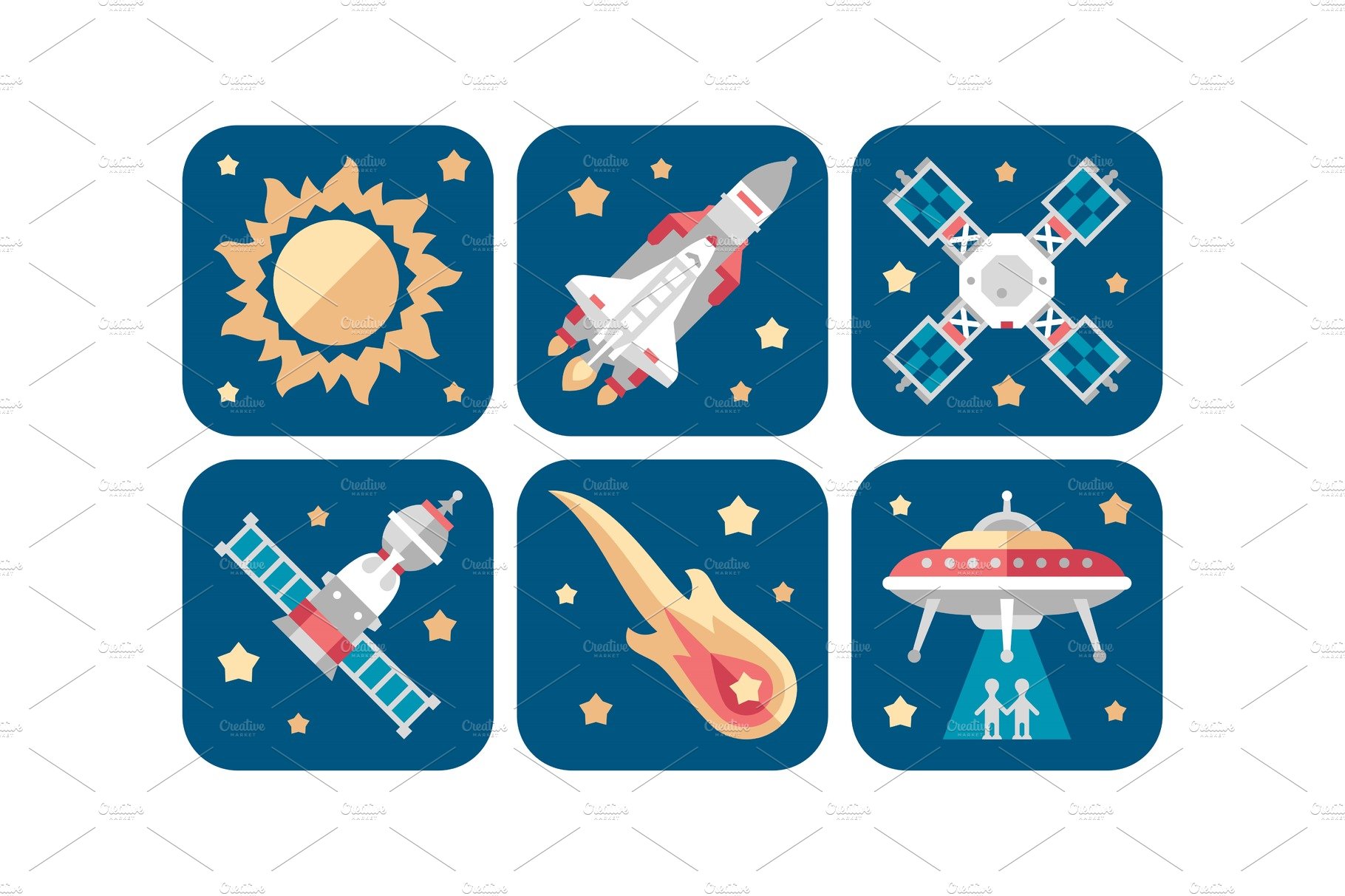 Space icons set, sun, meteorite cover image.
