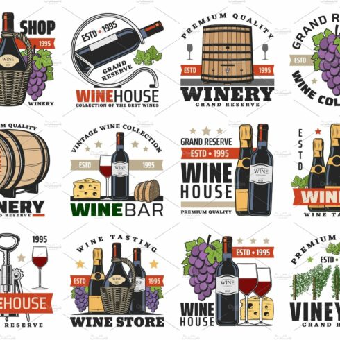 Wine, winemaking vector icons cover image.
