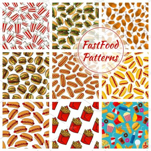 Fast food meal snacks vector seamless patterns set cover image.