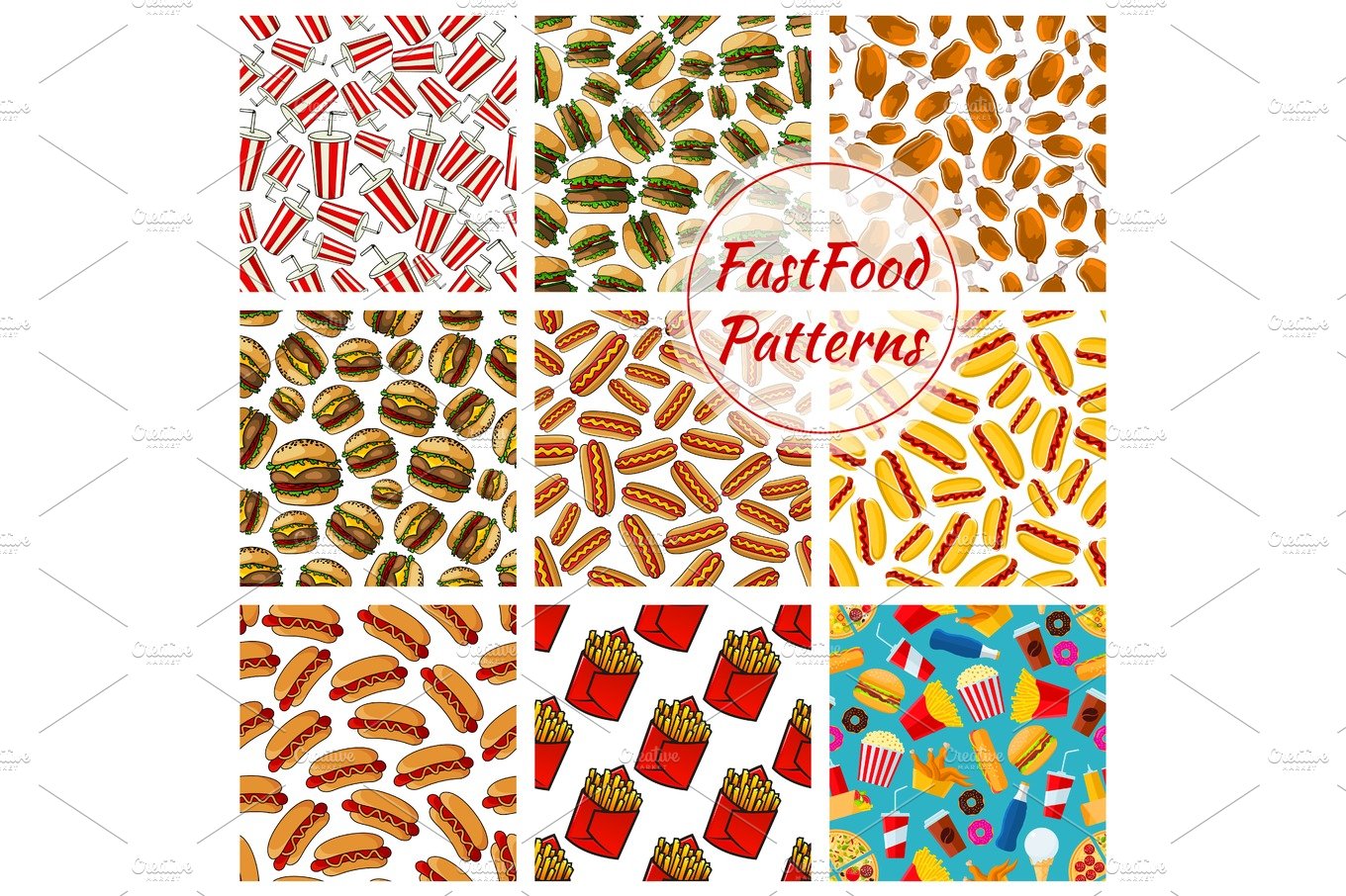 Fast food meal snacks vector seamless patterns set cover image.