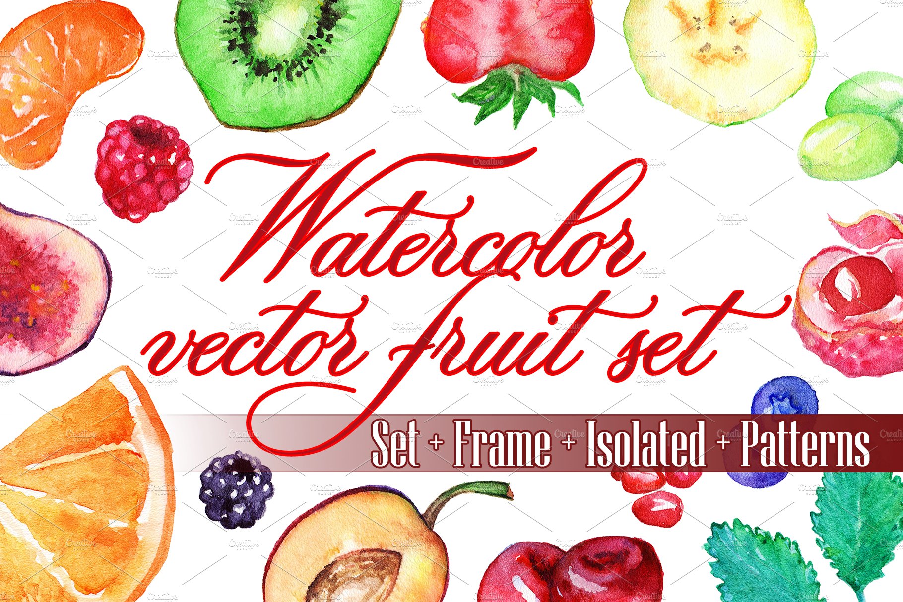 Watercolor fruit & berry set vector cover image.