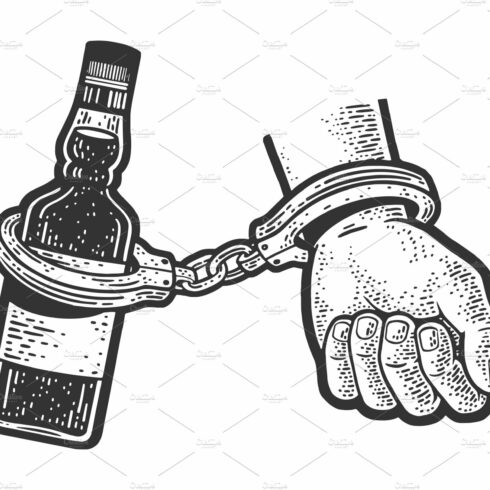Hand cuffed to alcohol sketch vector cover image.