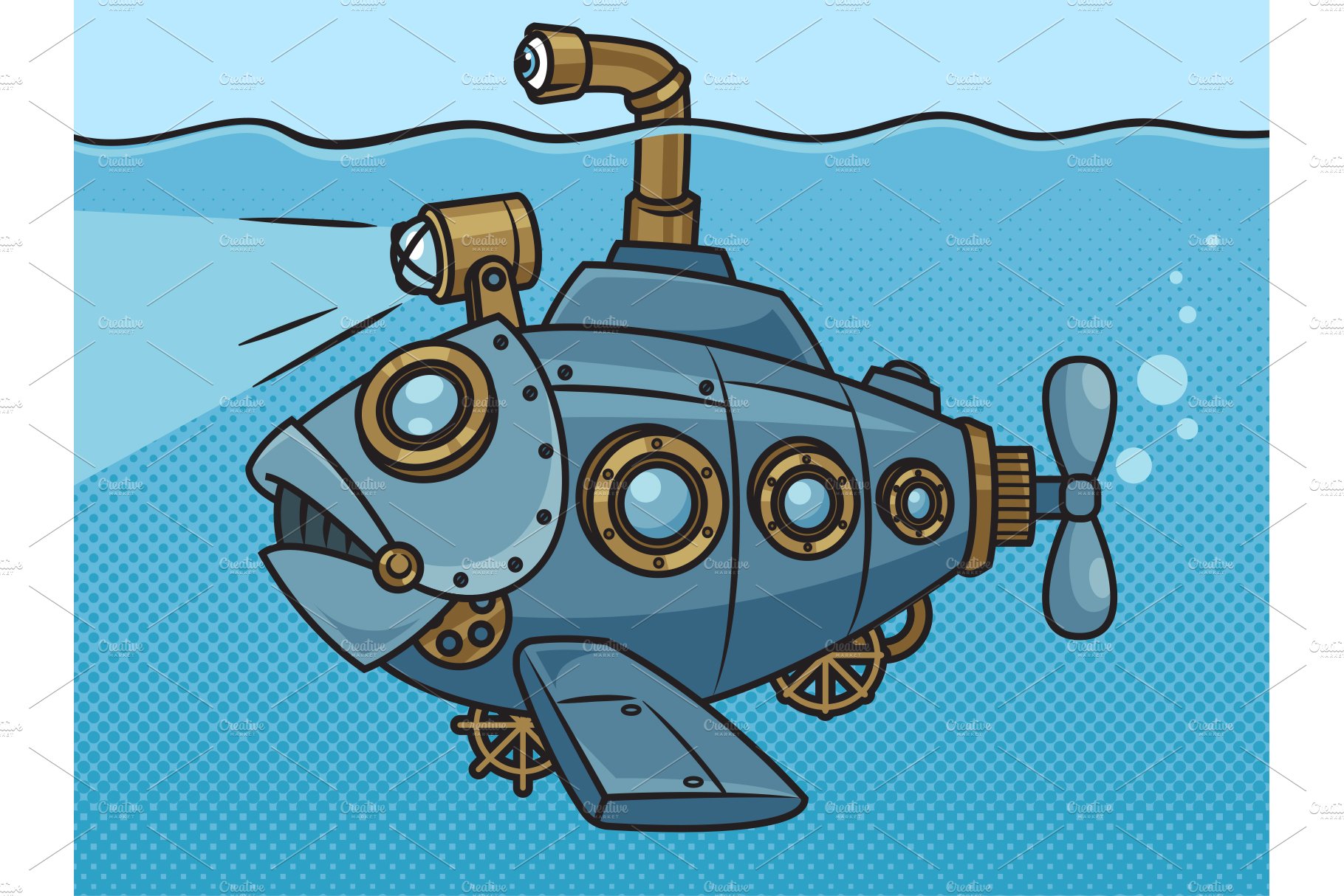 Submarine fish pinup pop art vector cover image.