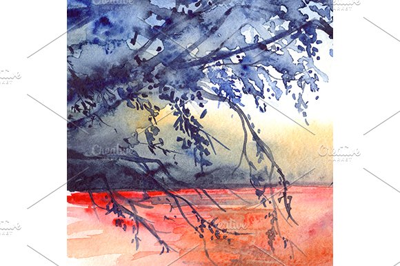 Watercolor sunset river landscape cover image.