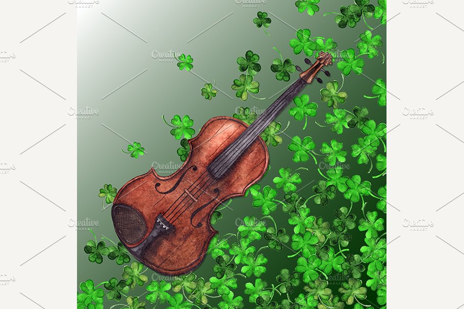 Watercolor violin clover background cover image.