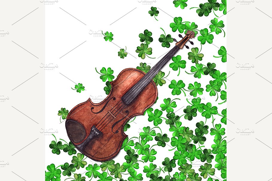 Watercolor violin clover background cover image.