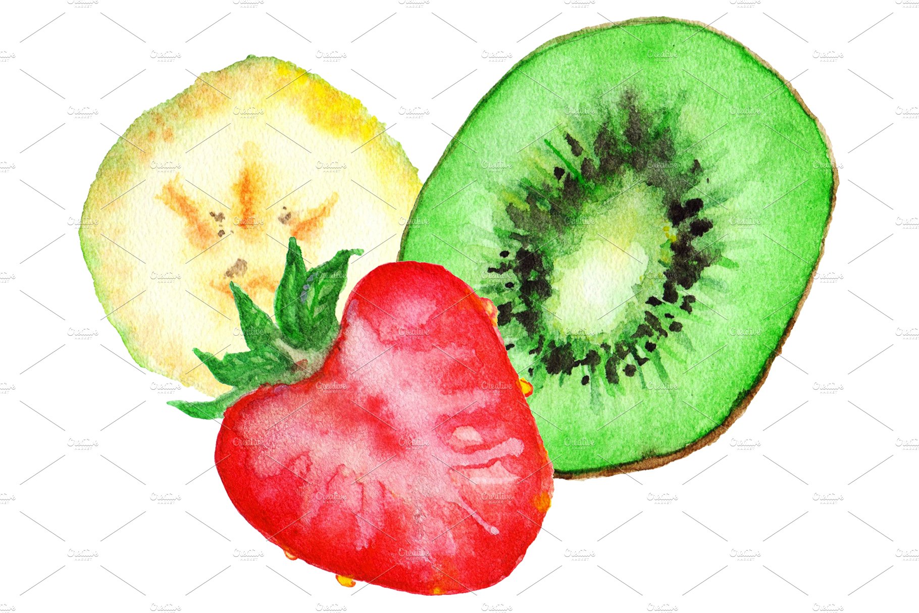 Watercolor fruit & berry set vector preview image.