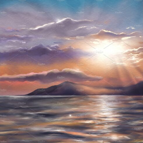 Sunset sea digital watercolor art cover image.