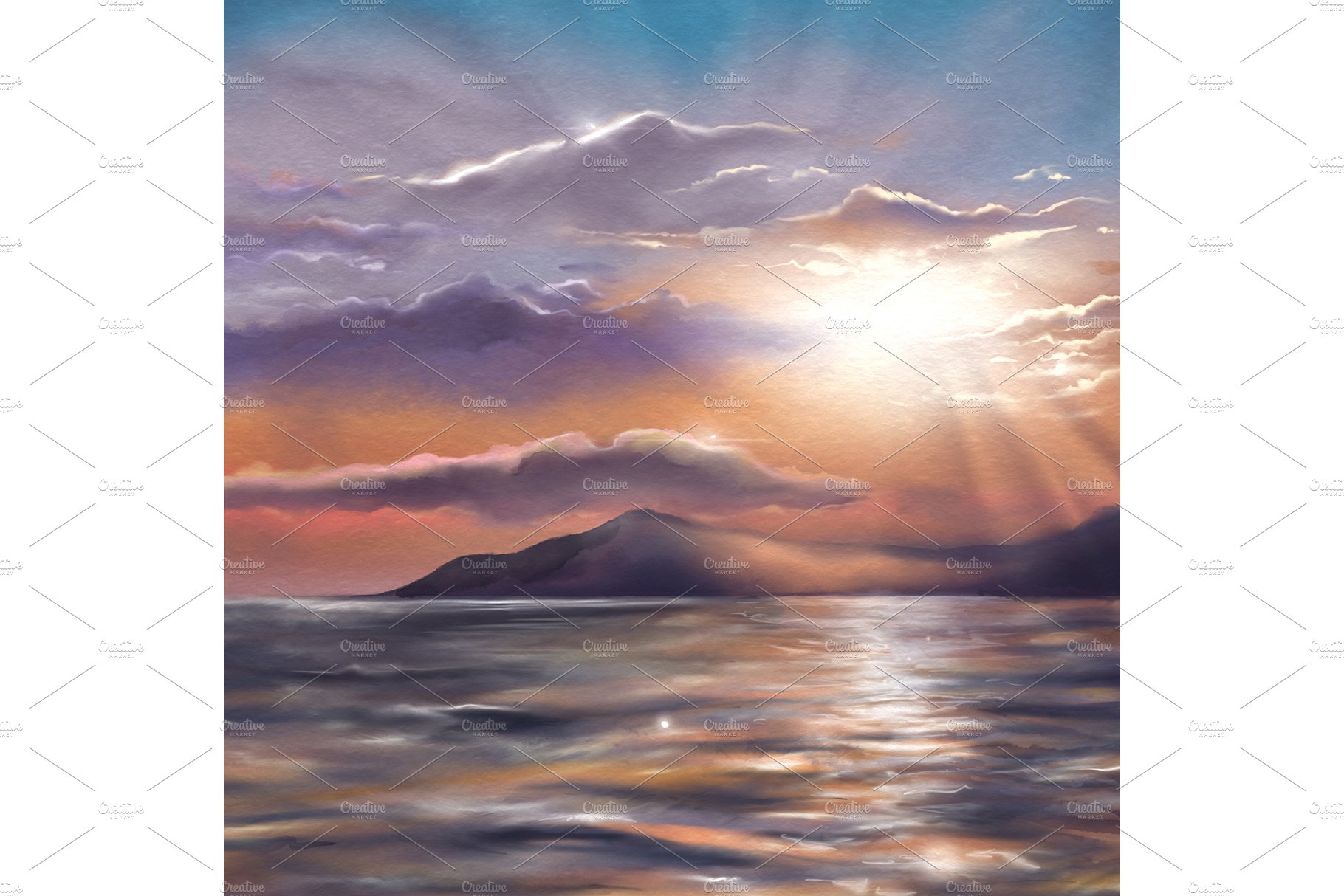 Sunset sea digital watercolor art cover image.