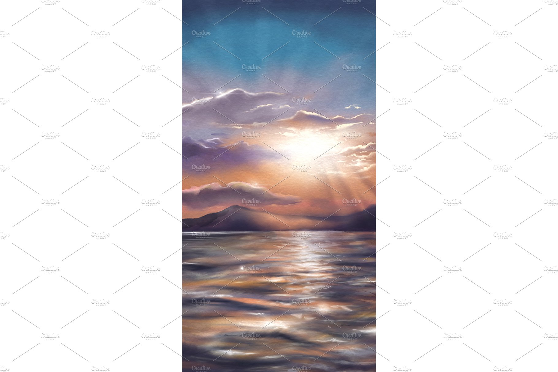 Sunset sea digital watercolor art cover image.