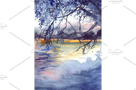 Watercolor sunset river landscape cover image.