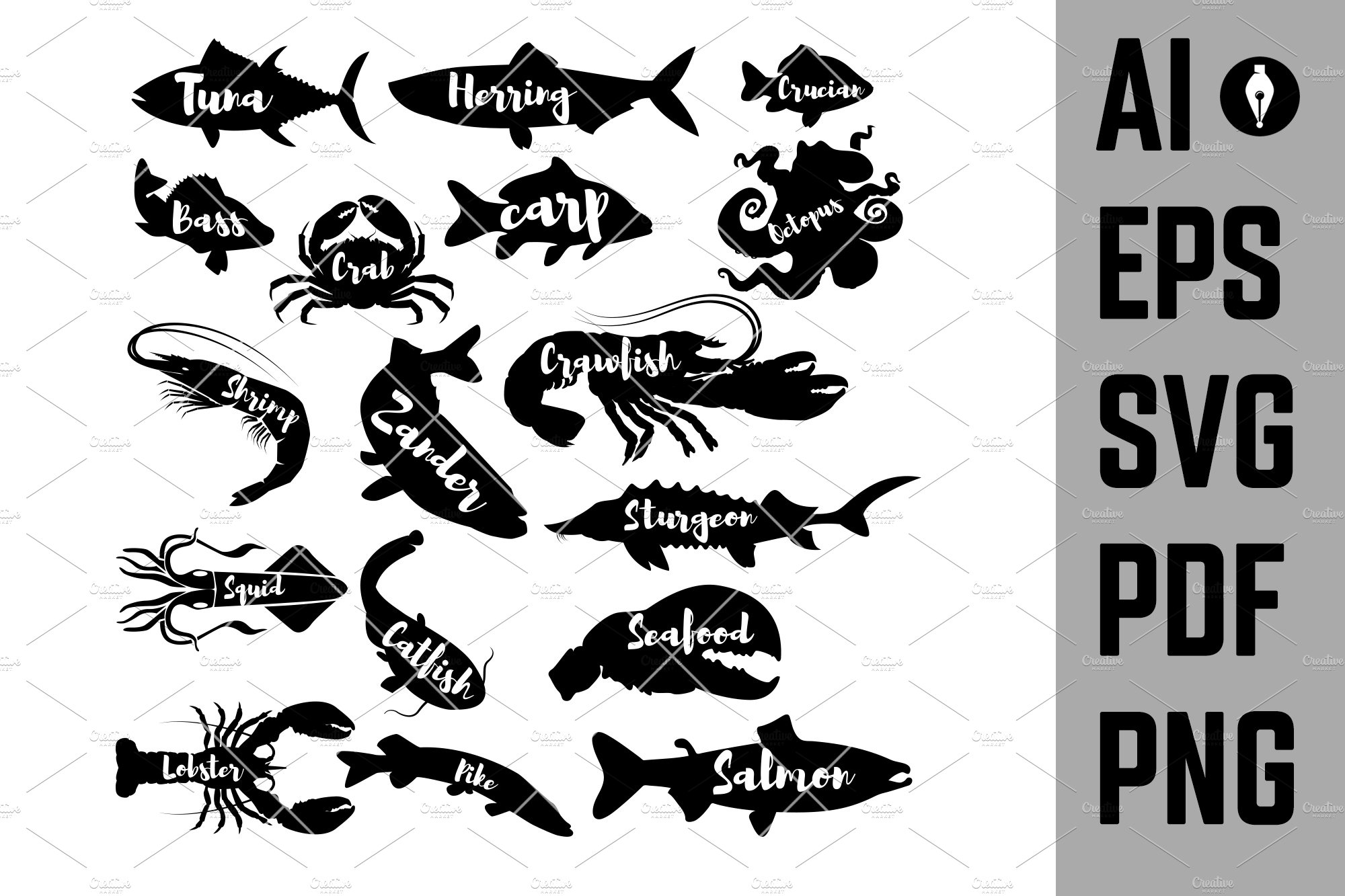 Set of seafood silhouettes cover image.