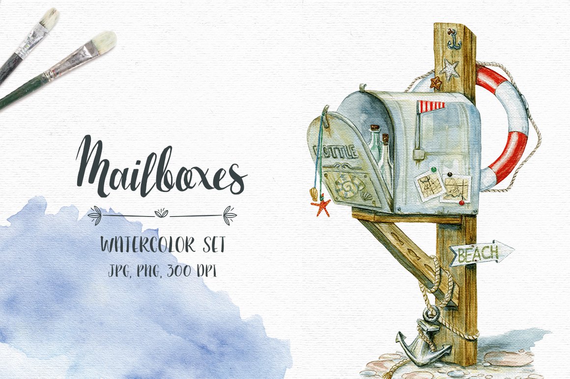 Mailboxes. Watercolor Hand drawn Set cover image.
