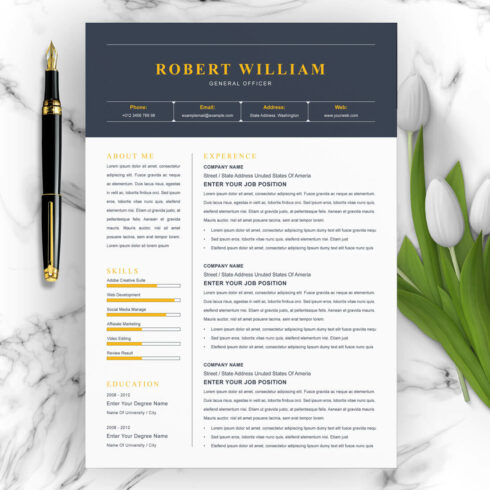 General Officer Resume & CV Template | Pages, Word, Eps, & INDD Format Design Template cover image.
