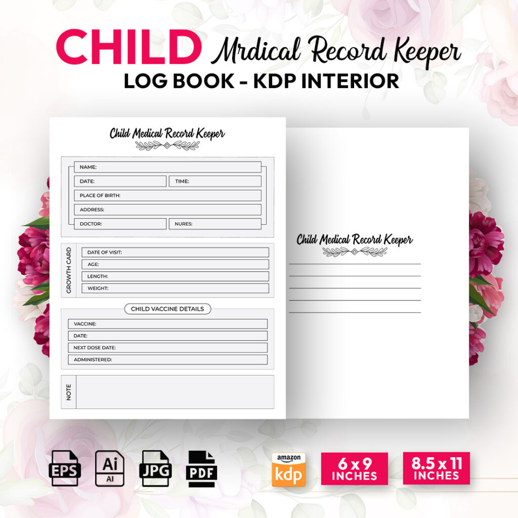 Child Medical Record Keeper Logbook Low Content KDP Interior MasterBundles