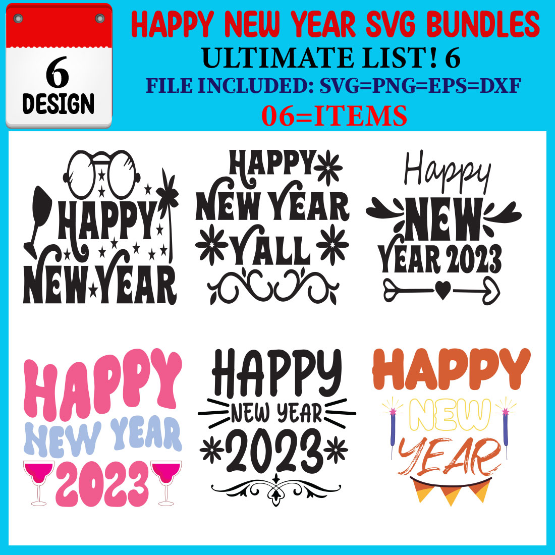 Happy New Year SVG T-shirt Design Bundle cover image.