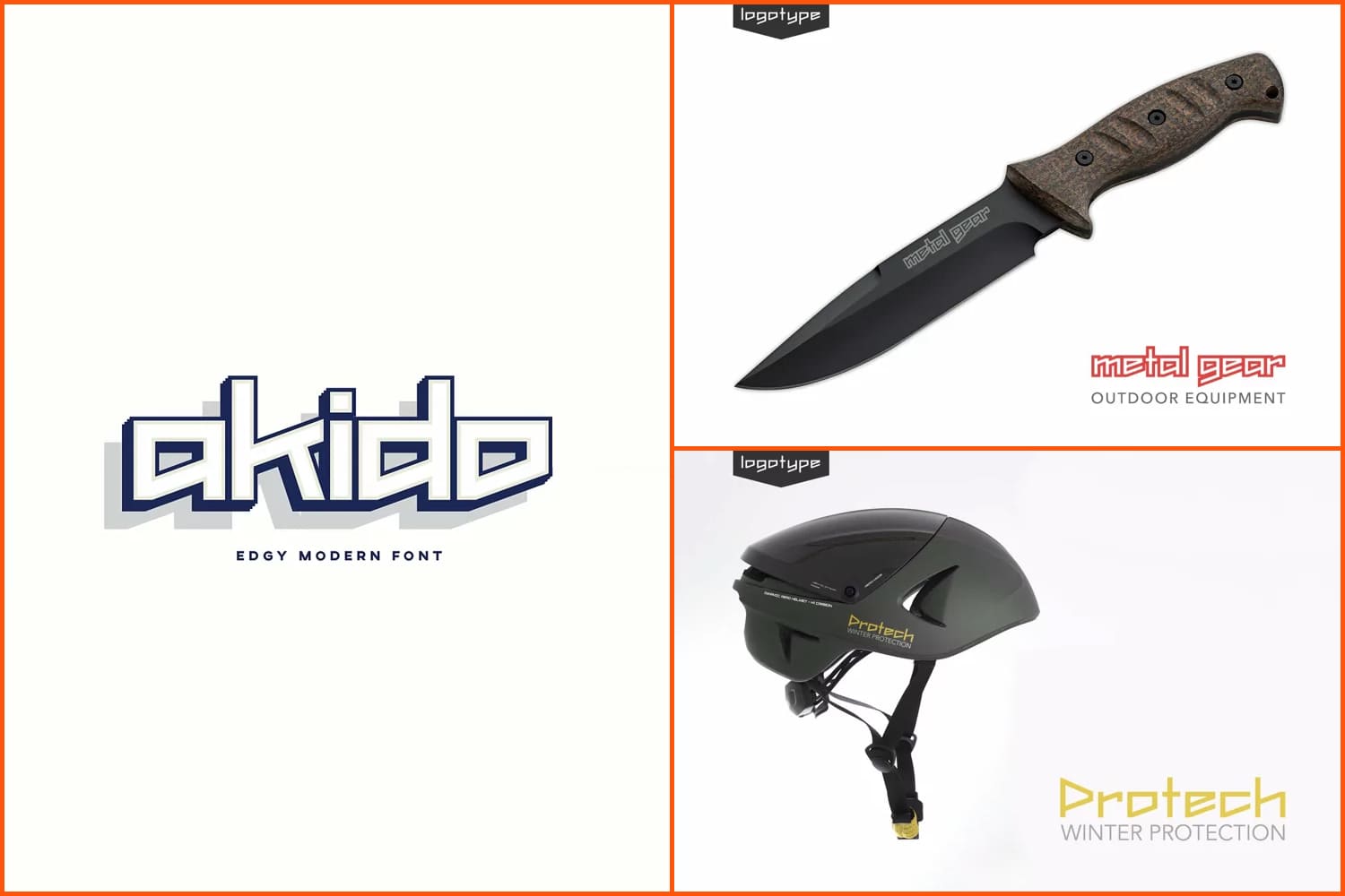 Collages of the name of the font and a photo of a knife and helmet with text on them.